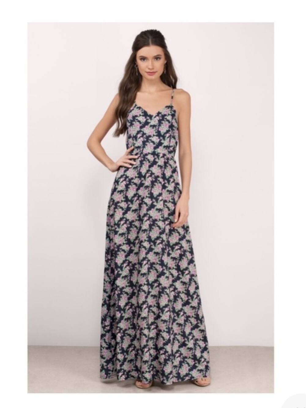 Tobi Navy Blue Floral Maxi Dress with Pink Flowers on Black Flowy XS
